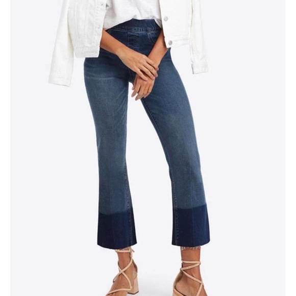 SPANX XL crop dipped stretch pull-on flare woman raw hem cute high-rise denim - Picture 1 of 11